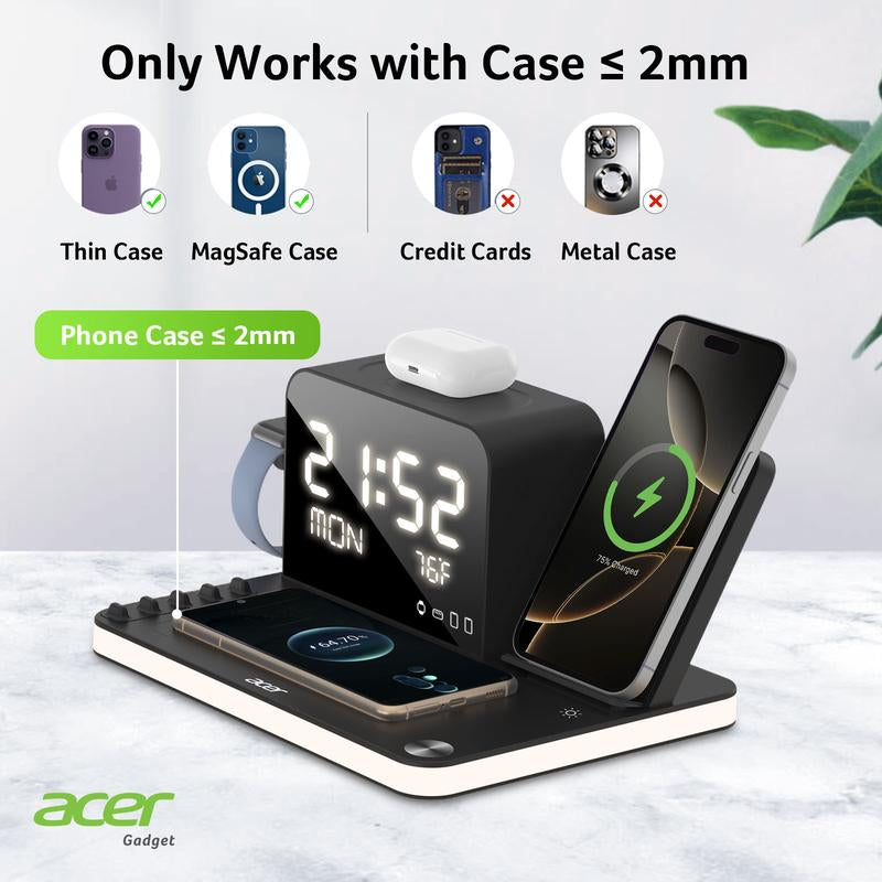 Acer 7 in 1 Wireless Charging Station, Magsafe Dual Phone Charger with Night Light ,Bluetooth Timesync for Iphone 17 16 15 14 13 12 Series & Airpods & Iwatch & Android Phone, Black USB Electronic Smartphone Cellphone Wireless Clock Charger Dealsforyoudays