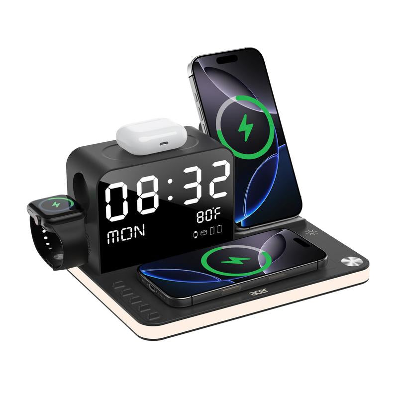 Acer 7 in 1 Wireless Charging Station, Magsafe Dual Phone Charger with Night Light ,Bluetooth Timesync for Iphone 17 16 15 14 13 12 Series & Airpods & Iwatch & Android Phone, Black USB Electronic Smartphone Cellphone Wireless Clock Charger Dealsforyoudays