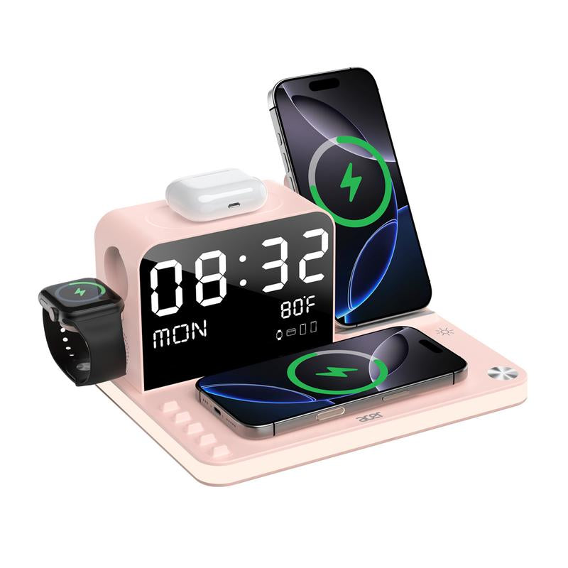 Acer 7 in 1 Wireless Charging Station, Magsafe Dual Phone Charger with Night Light ,Bluetooth Timesync for Iphone 17 16 15 14 13 12 Series & Airpods & Iwatch & Android Phone, Black USB Electronic Smartphone Cellphone Wireless Clock Charger Dealsforyoudays
