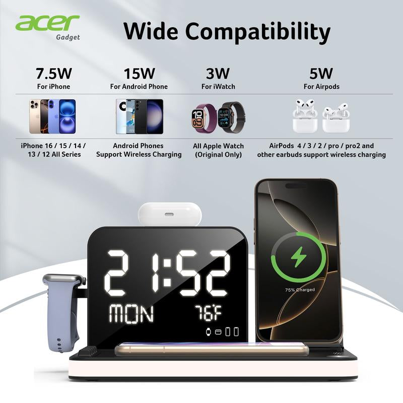Acer 7 in 1 Wireless Charging Station, Magsafe Dual Phone Charger with Night Light ,Bluetooth Timesync for Iphone 17 16 15 14 13 12 Series & Airpods & Iwatch & Android Phone, Black USB Electronic Smartphone Cellphone Wireless Clock Charger Dealsforyoudays