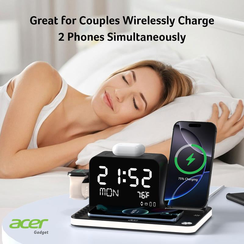 Acer 7 in 1 Wireless Charging Station, Magsafe Dual Phone Charger with Night Light ,Bluetooth Timesync for Iphone 17 16 15 14 13 12 Series & Airpods & Iwatch & Android Phone, Black USB Electronic Smartphone Cellphone Wireless Clock Charger Dealsforyoudays