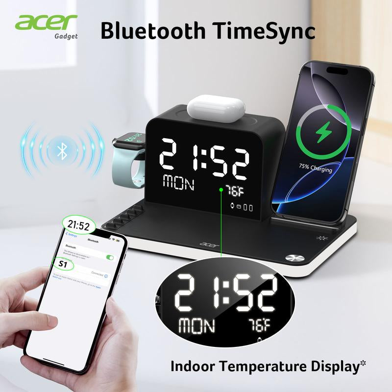 Acer 7 in 1 Wireless Charging Station, Magsafe Dual Phone Charger with Night Light ,Bluetooth Timesync for Iphone 17 16 15 14 13 12 Series & Airpods & Iwatch & Android Phone, Black USB Electronic Smartphone Cellphone Wireless Clock Charger Dealsforyoudays