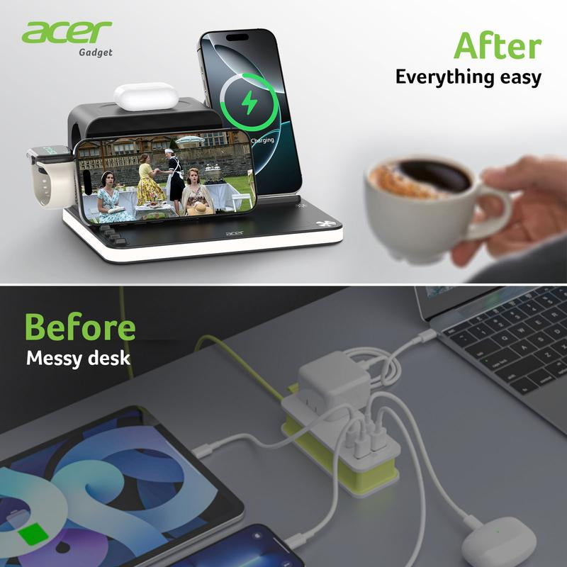 Acer 7 in 1 Wireless Charging Station, Magsafe Dual Phone Charger with Night Light ,Bluetooth Timesync for Iphone 17 16 15 14 13 12 Series & Airpods & Iwatch & Android Phone, Black USB Electronic Smartphone Cellphone Wireless Clock Charger Dealsforyoudays