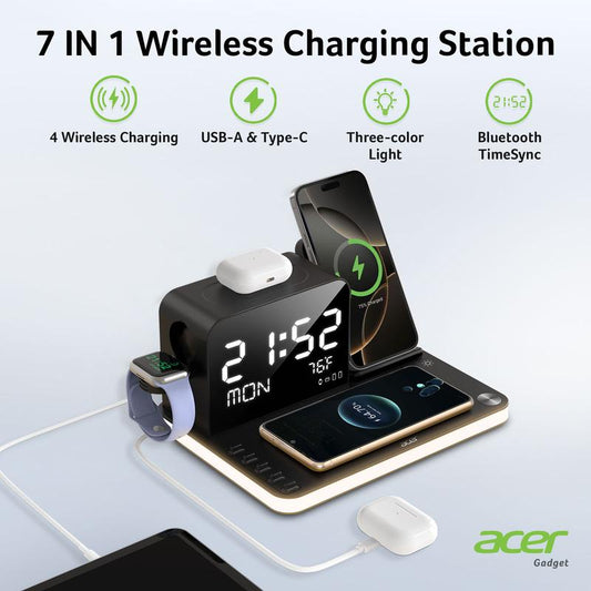 Acer 7 in 1 Wireless Charging Station, Magsafe Dual Phone Charger with Night Light ,Bluetooth Timesync for Iphone 17 16 15 14 13 12 Series & Airpods & Iwatch & Android Phone, Black USB Electronic Smartphone Cellphone Wireless Clock Charger Dealsforyoudays