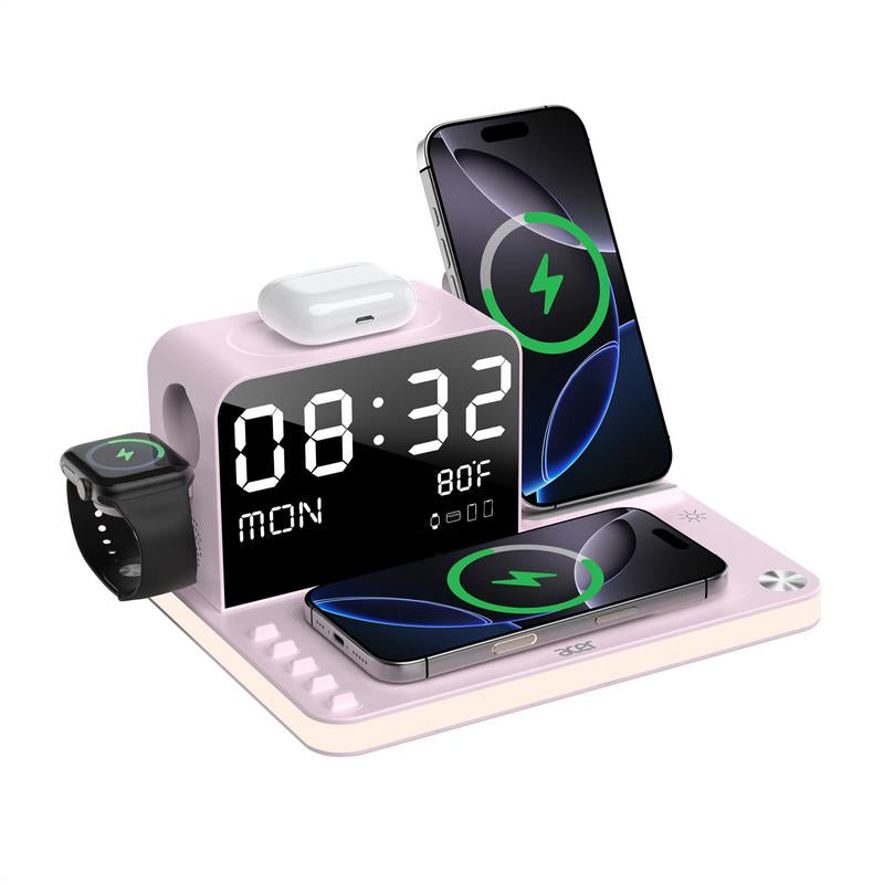 Acer 7 in 1 Wireless Charging Station, Magsafe Dual Phone Charger with Night Light ,Bluetooth Timesync for Iphone 17 16 15 14 13 12 Series & Airpods & Iwatch & Android Phone, Black USB Electronic Smartphone Cellphone Wireless Clock Charger Dealsforyoudays