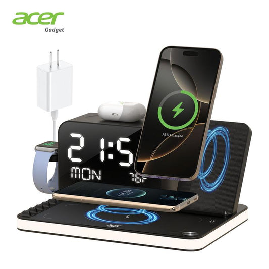 Acer 7 in 1 Wireless Charging Station, Magsafe Dual Phone Charger with Night Light ,Bluetooth Timesync for Iphone 17 16 15 14 13 12 Series & Airpods & Iwatch & Android Phone, Black USB Electronic Smartphone Cellphone Wireless Clock Charger Dealsforyoudays